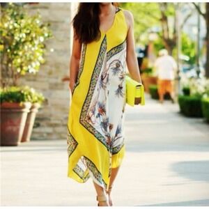Zara Yellow Scarf Print Handkerchief Hem Midi Dress‎ Medium Lightweight Flowy
